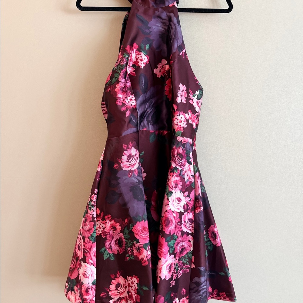 My Michelle Burgundy Floral Halter Mini Dress with Pink Flowers